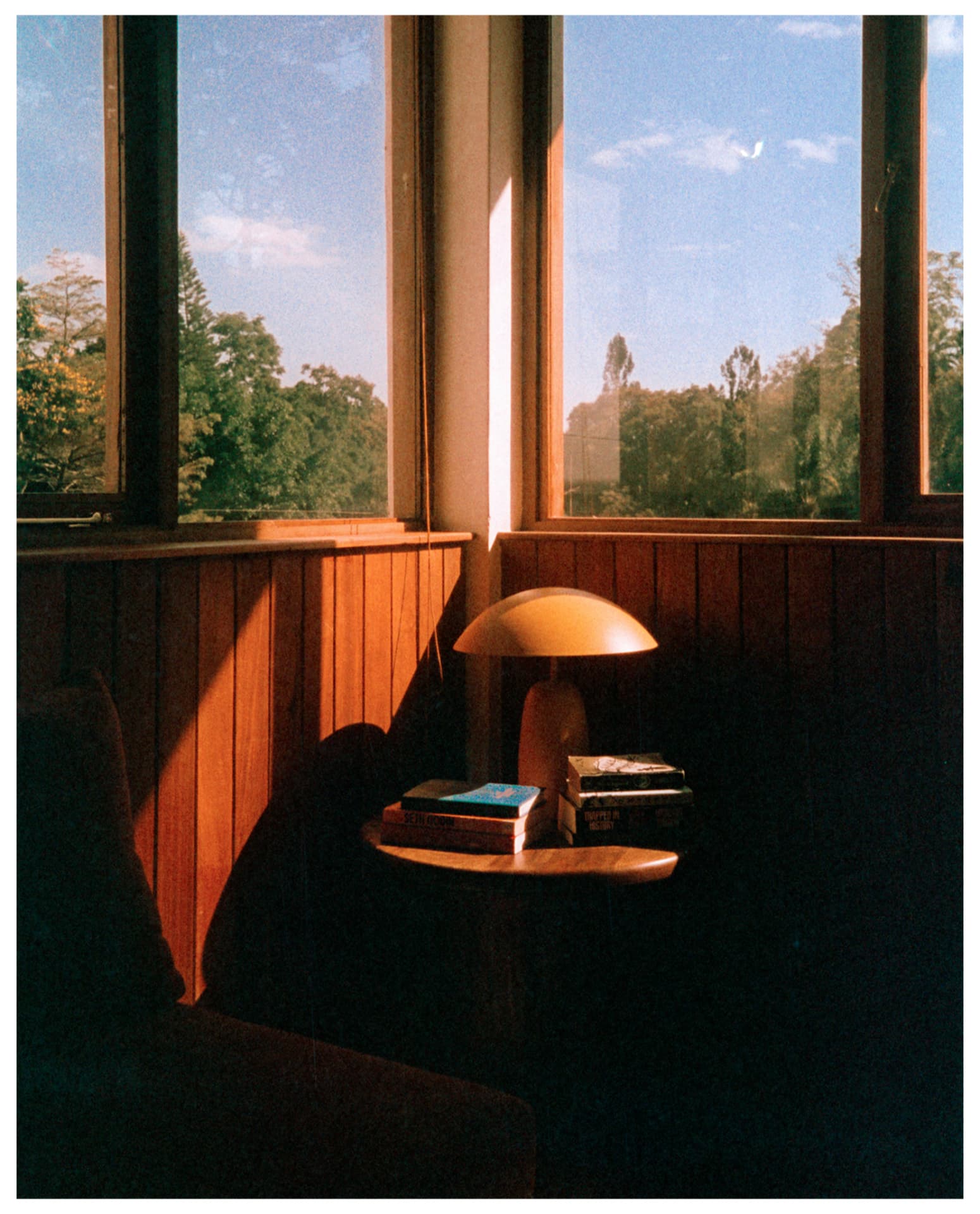 Timber panelled reading corner with lamp and books at golden hour, shot on film